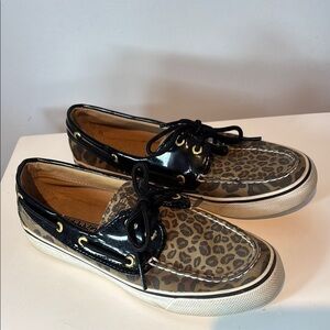 Sperry Top-Sider Womens 6.5M  Leopard Shiny Black Deck Shoes